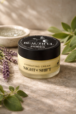 Load image into Gallery viewer, Jar of 'Beautiful Pores Night Shift' hydrating cream on a textured surface with plants.