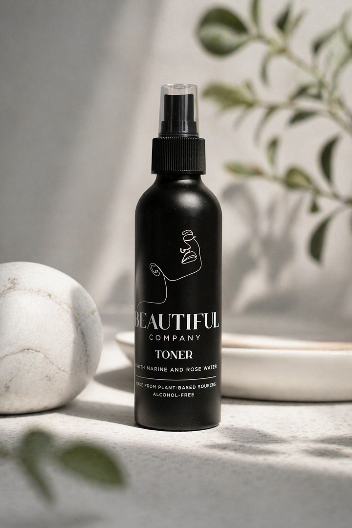 Black toner bottle labeled 'Beautiful Company' on a neutral background with a marble object and plant leaves.