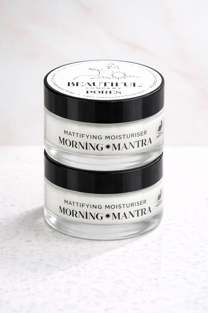 Jar of mattifying moisturizer with 'Morning Mantra' branding on a light background