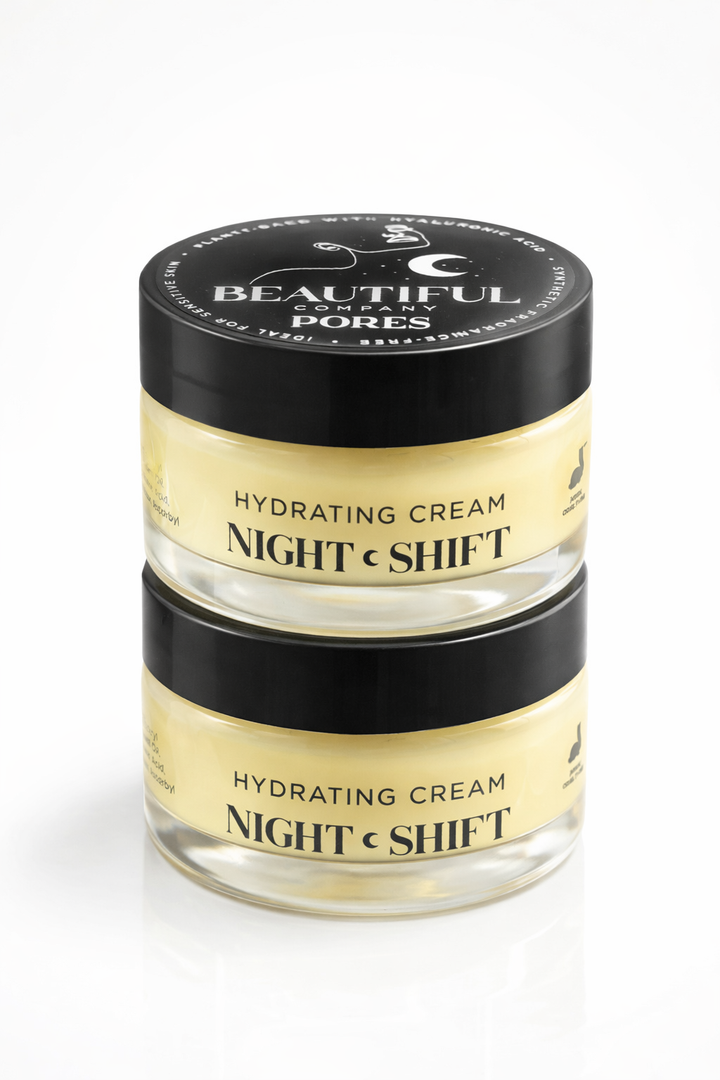 Jar of 'Night Shift' hydrating cream with 'Beautiful Pores' branding on a white background