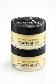 Jar of 'Night Shift' hydrating cream with 'Beautiful Pores' branding on a white background
