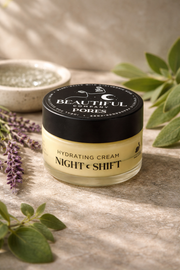 Jar of 'Beautiful Pores Night Shift' hydrating cream on a textured surface with plants.